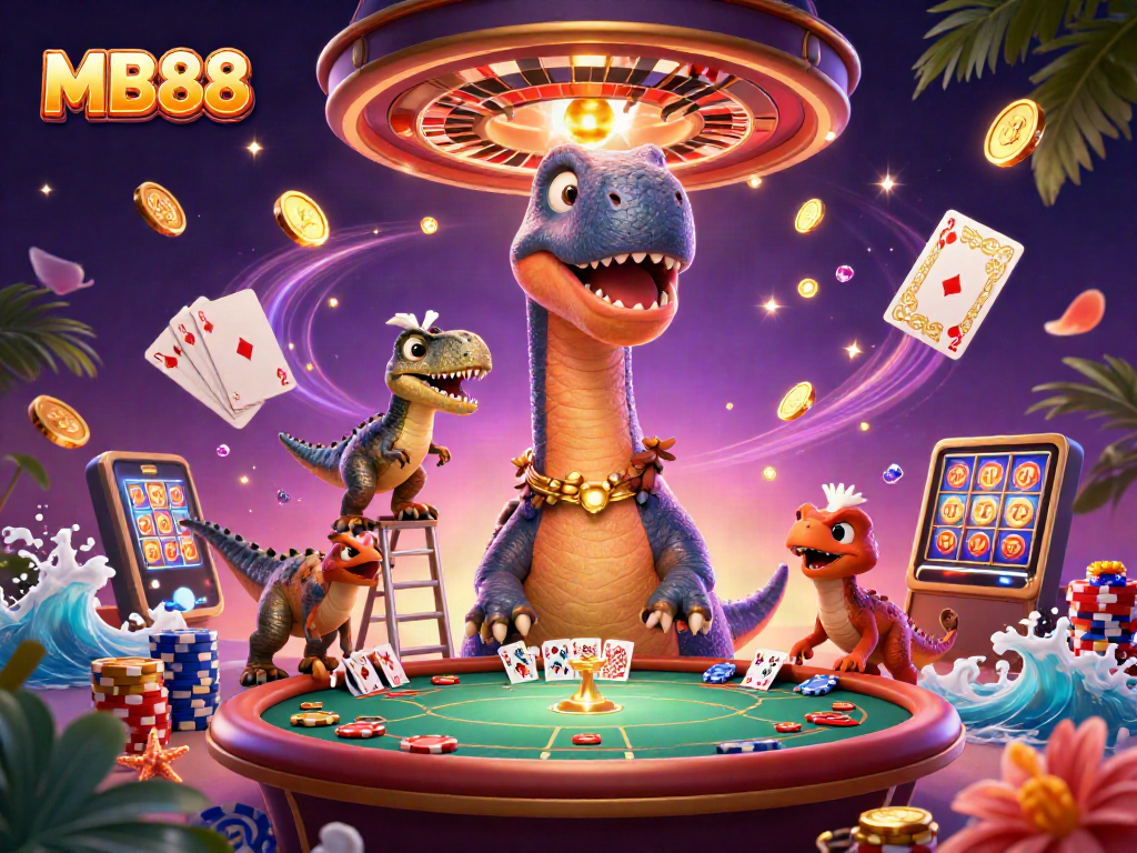 Experience MB88 in a vibrant casino world with dinosaurs and dynamic gaming elements.