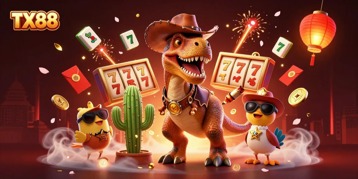 Engage with TX88's thrilling jackpots alongside a cowboy dinosaur, cactus, and roadrunner!