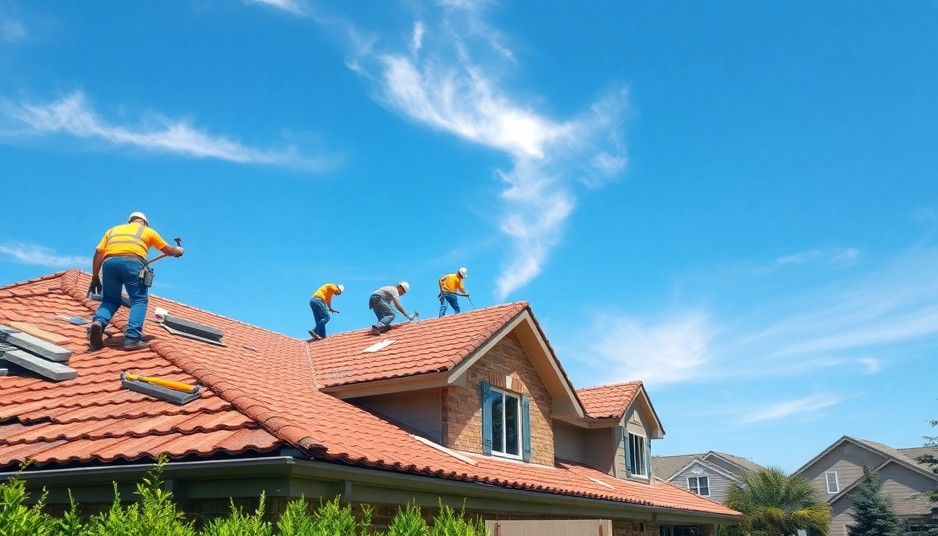 Roofing company technicians expertly installing shingles on a modern residential roof.