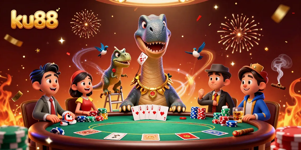 ku88 showcases an entertaining poker scene with animated dinosaurs and vibrant casino elements.