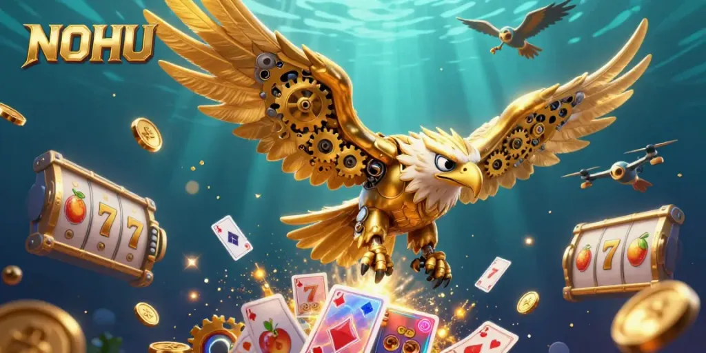 Experience the thrill of NOHU with a golden eagle soaring through slot reels and jackpot symbols.