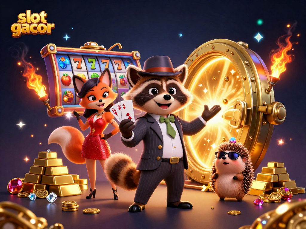Engage with slot gacor adventures featuring raccoon and fox in a lively casino setting.