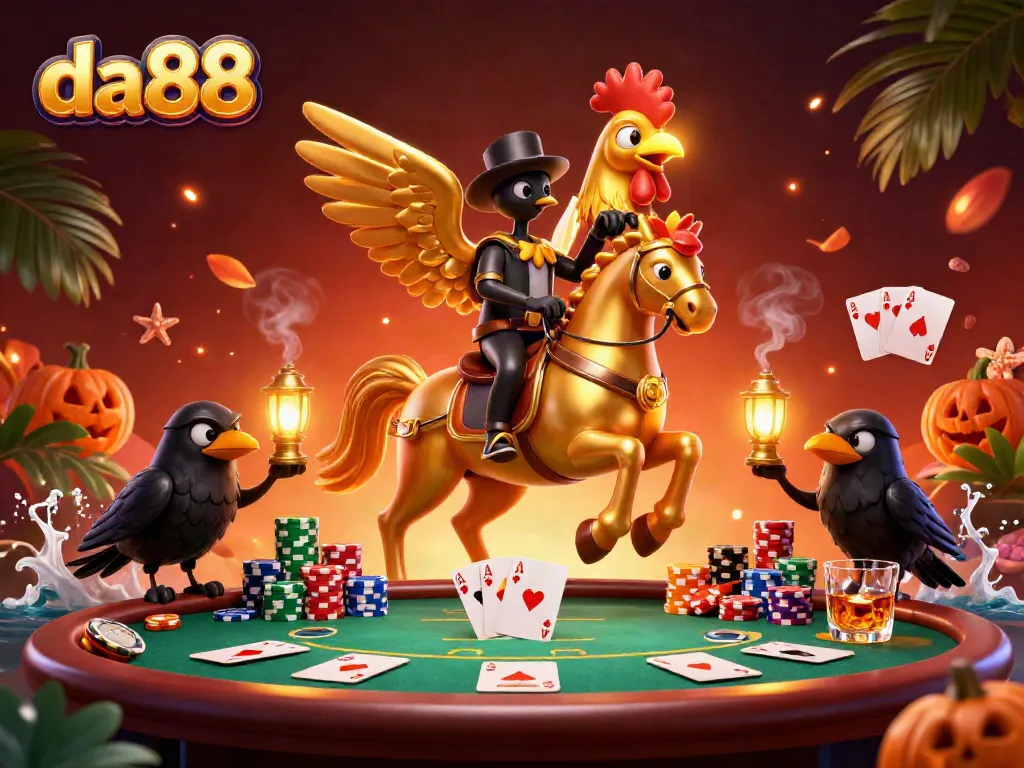 Experience thrilling action at da88 in a dynamic 3D casino showdown with golden rooster characters.