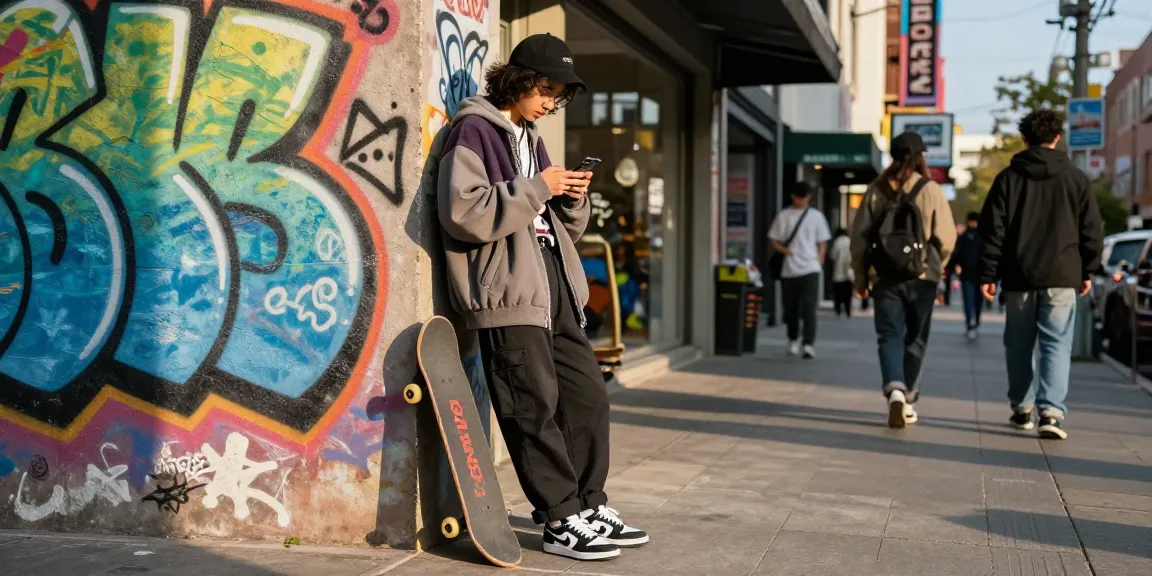 Youth in fashionable streetwear from rokok88 checking smartphone against graffiti wall.