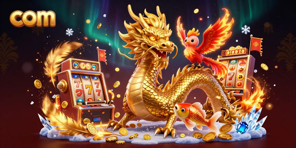 Bet on com with a captivating scene of a Chinese dragon, red phoenix, and koi fish in a slot game setting.