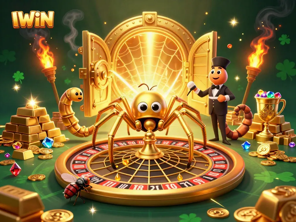 IWIN spins luck with a 3D golden spider at the roulette wheel, showcasing vibrant casino elements.