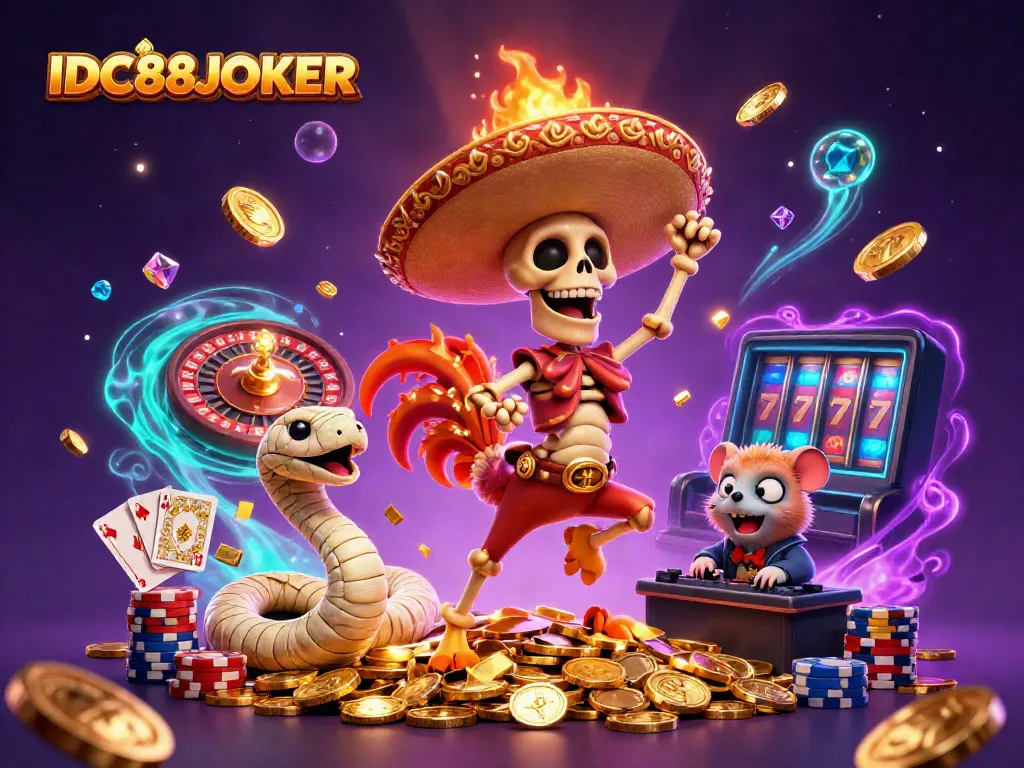 Experience thrilling games with IDC88JOKER's lively casino scene featuring vibrant characters and action.