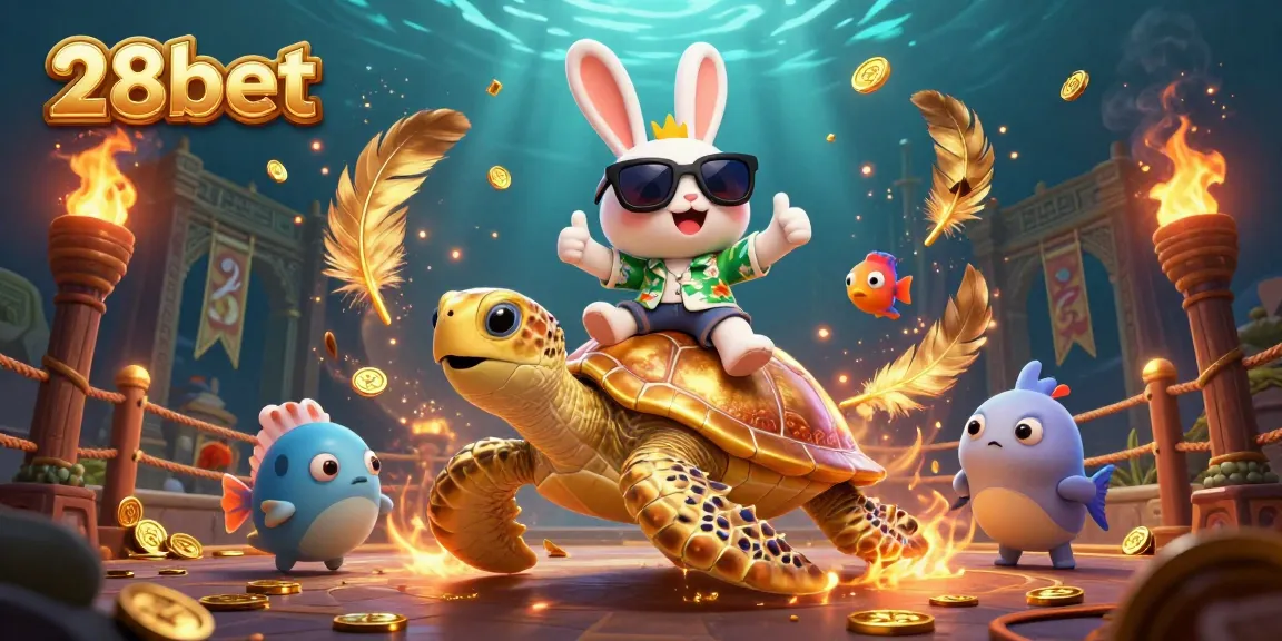 Engage with 28bet's vibrant 3D casino scene featuring a lucky rabbit and golden turtle amidst thrilling game elements.