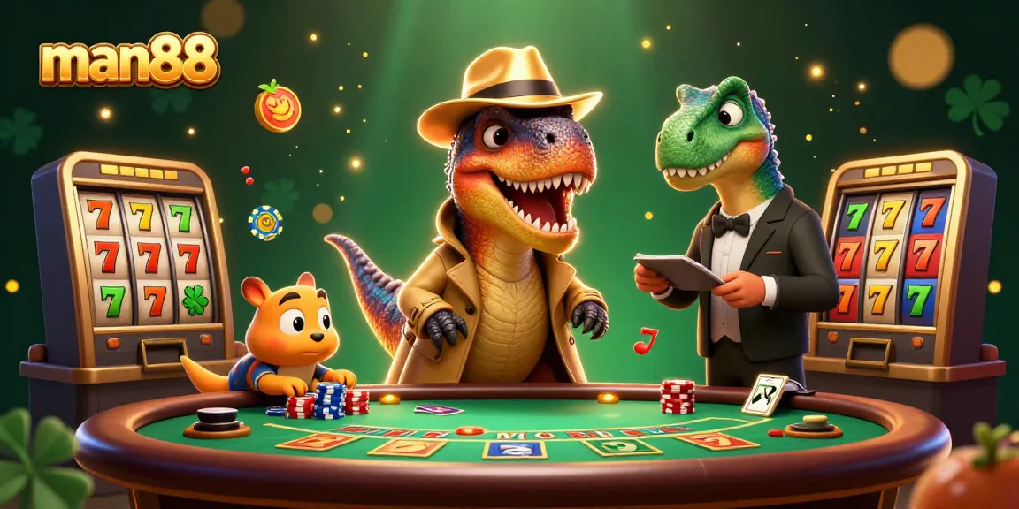 man88 showcases vibrant casino action with a velociraptor card counter and a stegosaurus pit boss in action.