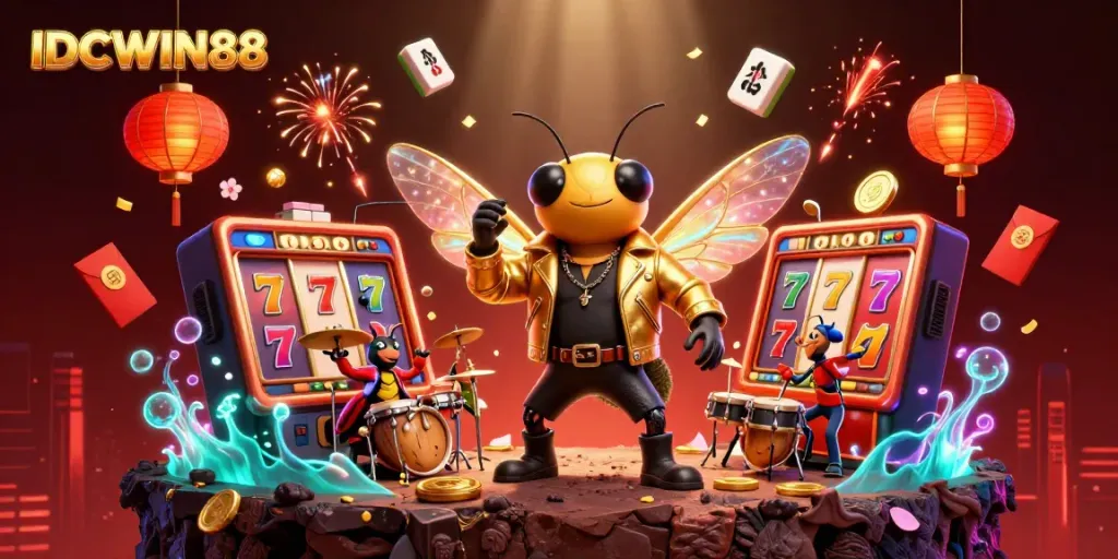 Experience excitement with IDCWIN88's vibrant casino scene featuring lively characters and slot reels.