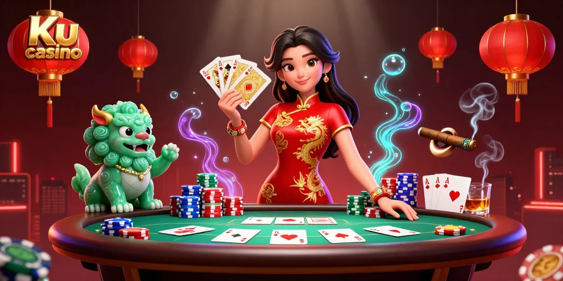 Engaging Ku casino scene with a woman in qipao and poker elements creating an exhilarating atmosphere.