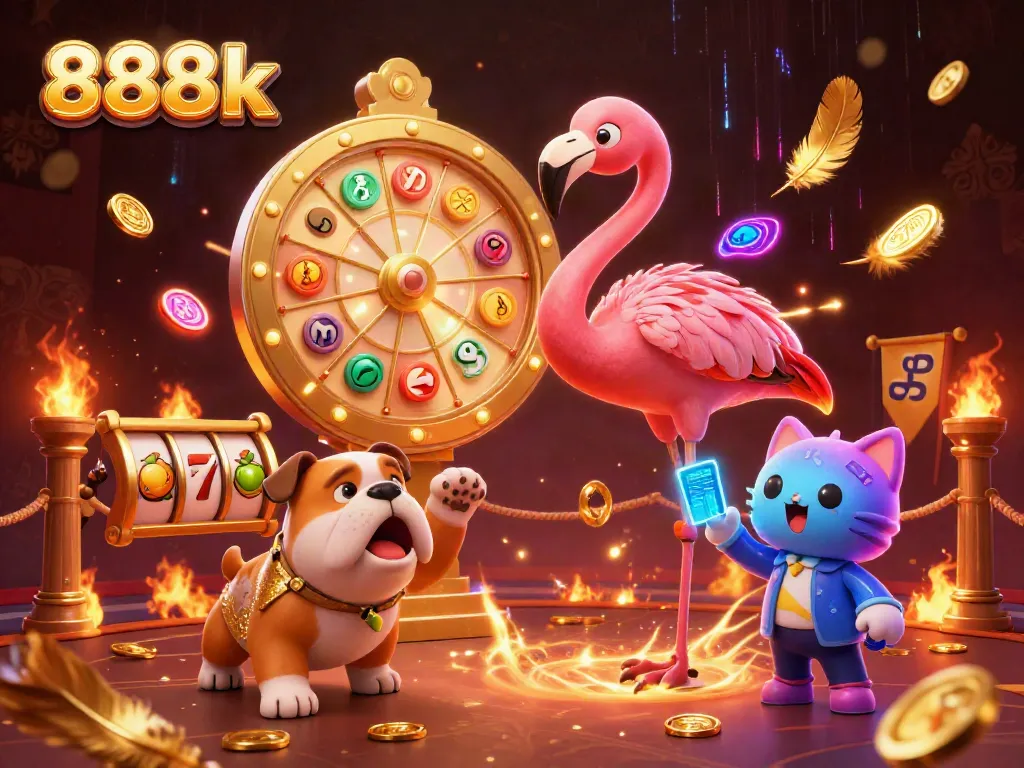 Experience thrilling jackpot spins at 888k with lively characters and slot reels in a dazzling casino scene.