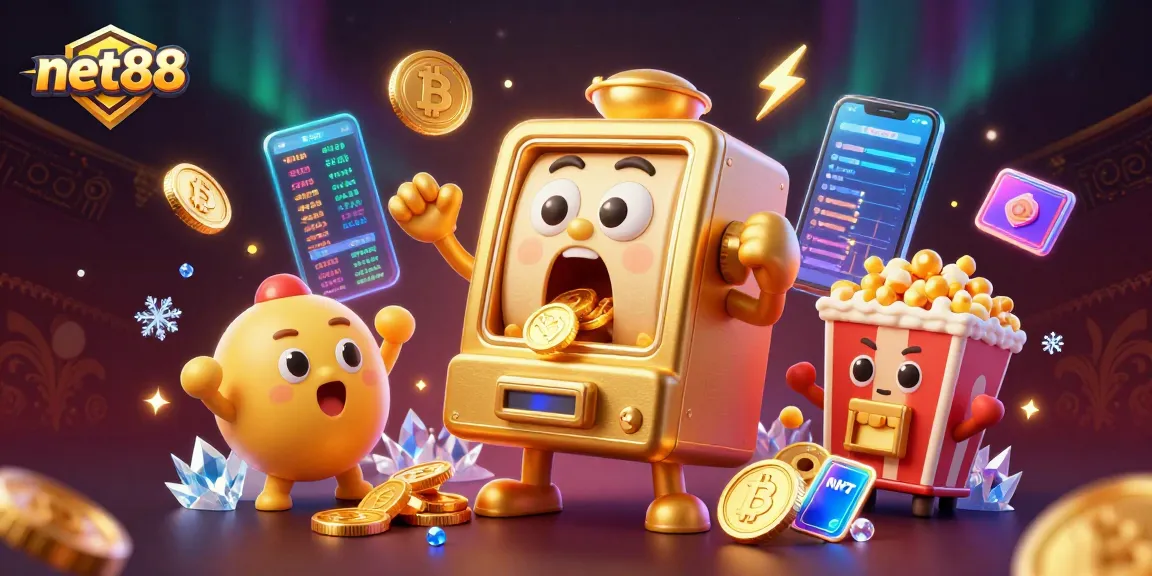 Experience the excitement of net88 as the golden slot machine hits a jackpot, surrounded by coins and crypto elements.