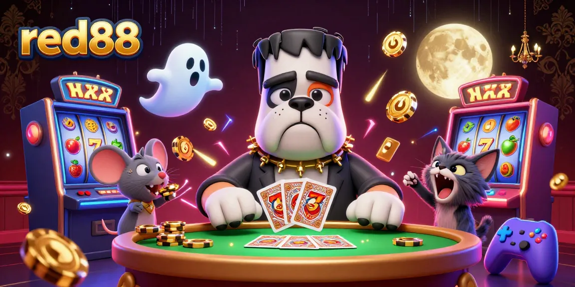 Experience thrilling action with red88 as the Frankenstein bulldog deals cards surrounded by vibrant casino symbols.
