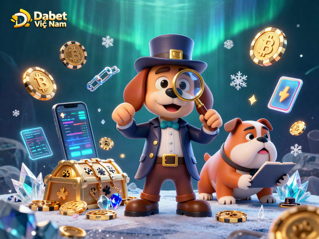 Dabet Việt Nam showcases a detective scene with a bloodhound examining a poker chip clue amidst vibrant crypto elements.