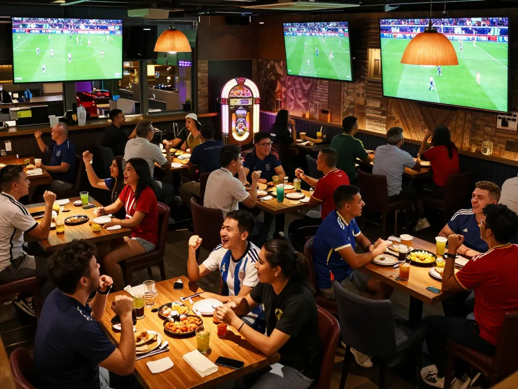 Fans enjoying the worldcup2026 with excitement at a sports bar, cheering for their teams during live matches.