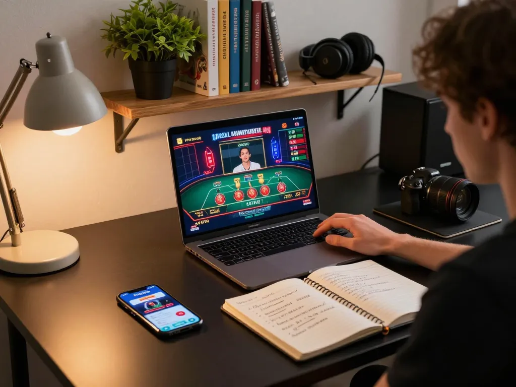 Nyonya9 player engaged in online gaming, strategizing with notes and app interface.