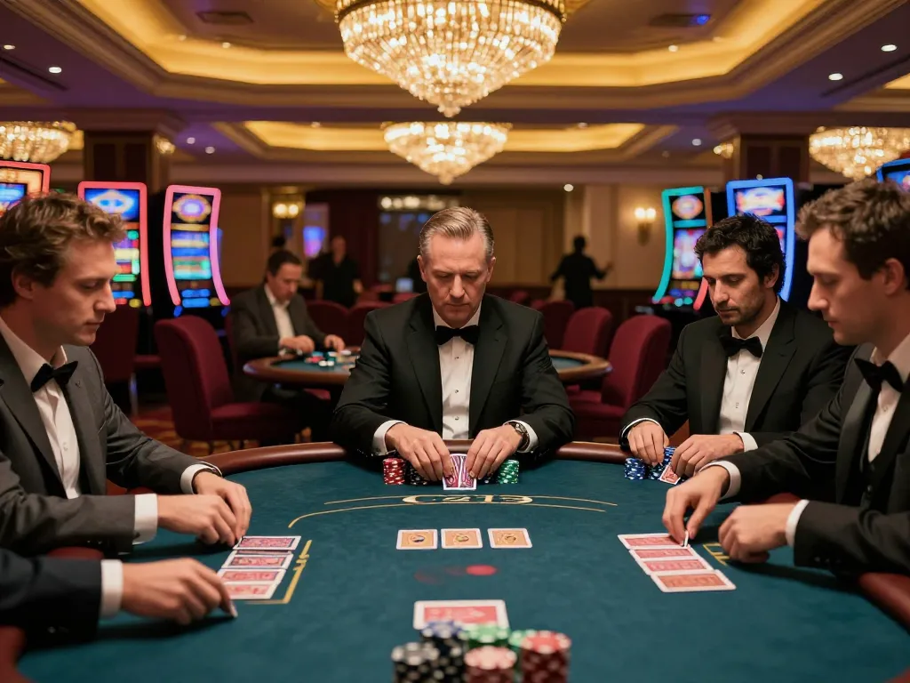 Players engaged in intense C213 poker game at an upscale casino, showcasing strategic bets and focus.