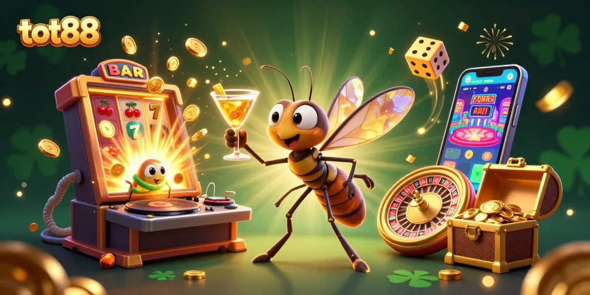 Experience the excitement of tot88 with a dynamic casino scene bursting with life and vibrant elements.