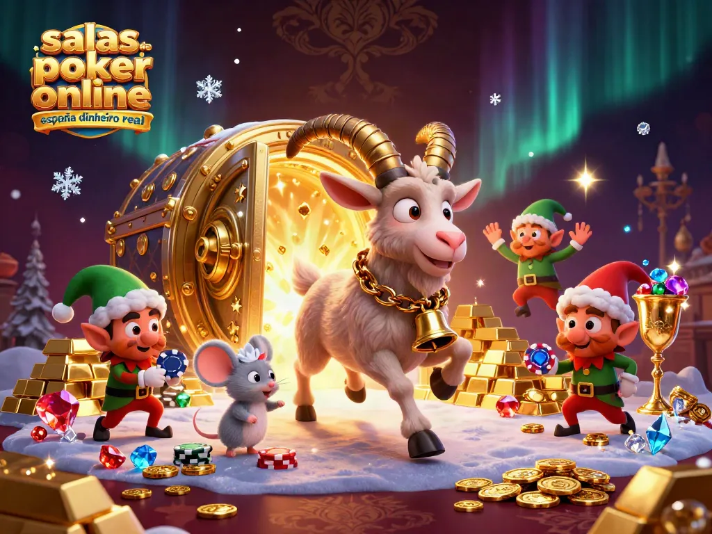 Salas de poker online España dinero real con un Krampus divertido y gremlins jugando en un casino festivo.