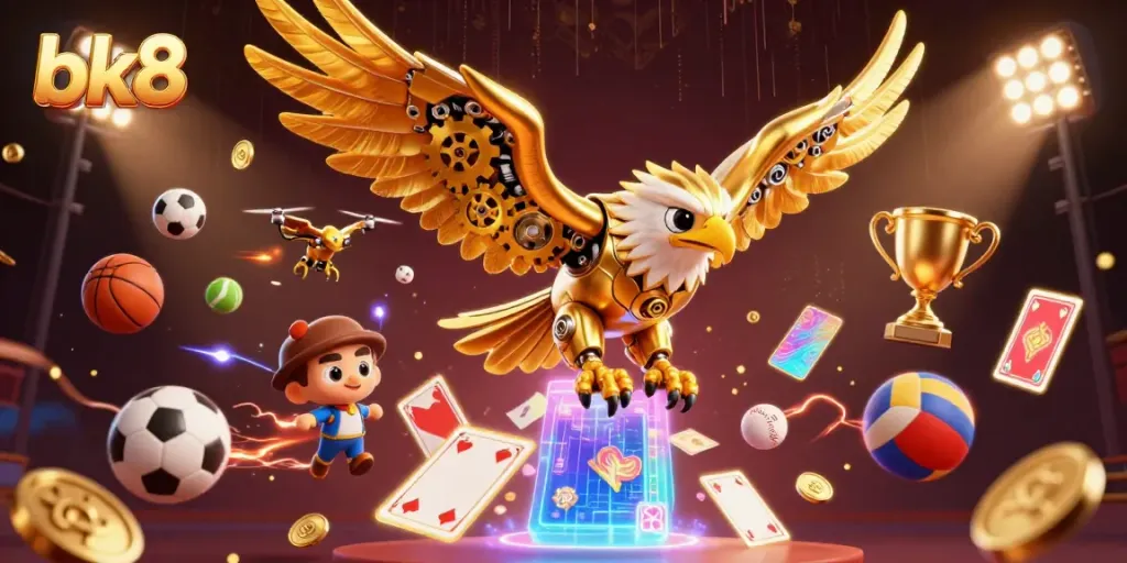 Engage with the vibrant bk8 casino experience showcasing a cybernetic eagle amidst dynamic sports elements and holographic cards.