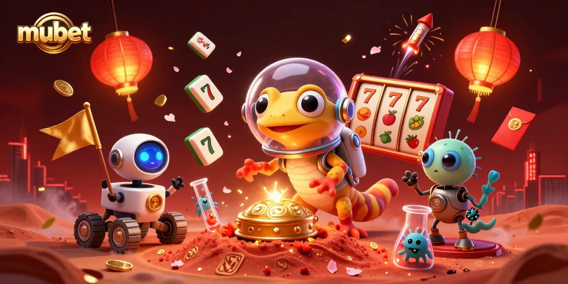 Engage with mubet, showcasing a Martian gecko in a golden casino with dynamic slot reels and festive elements.
