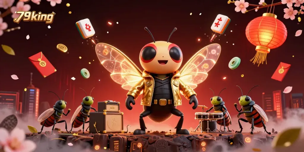 Engage your luck with 79king, featuring an electric cicada rock star in a vibrant casino atmosphere.