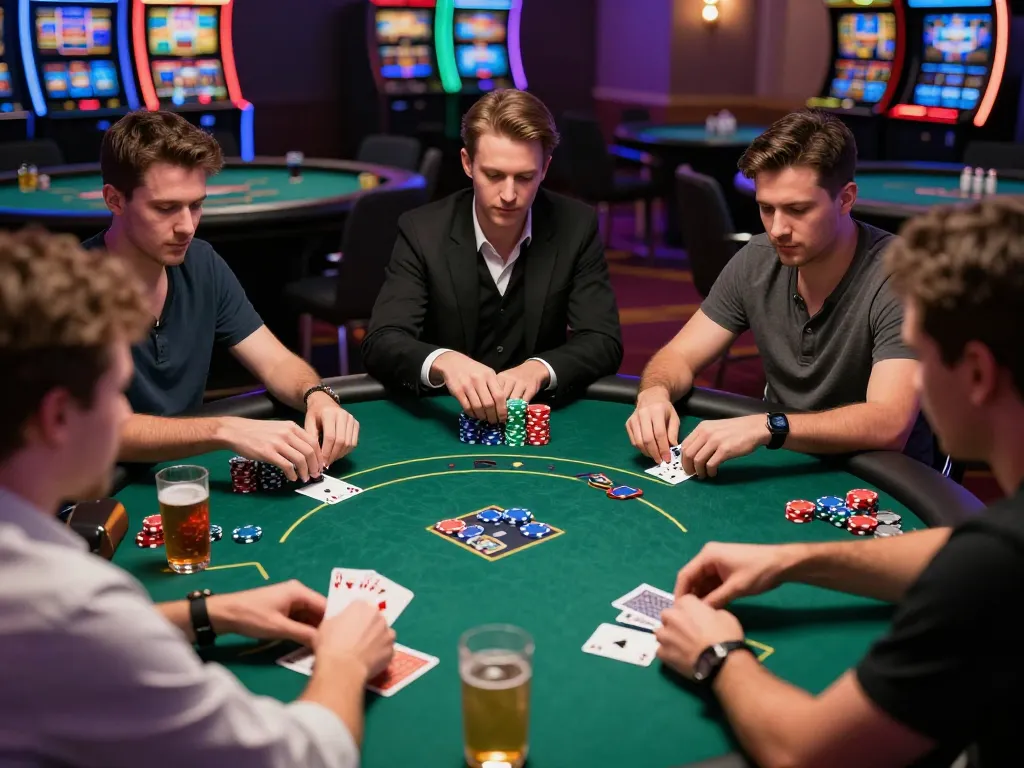 MAX88 players engaging in an intense poker game, showcasing strategic gameplay and vibrant casino atmosphere.