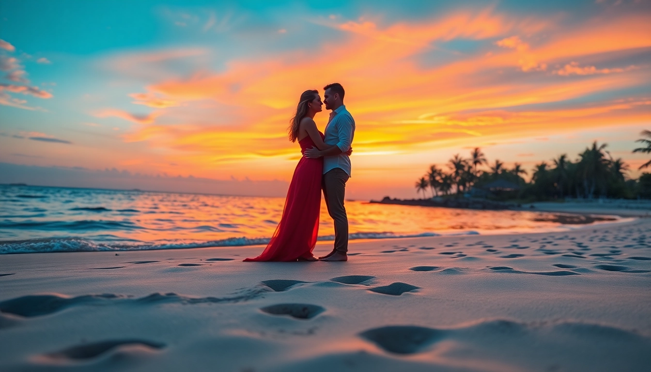 Engaging scene by a destination photographer showcasing a couple at sunset on a beach.