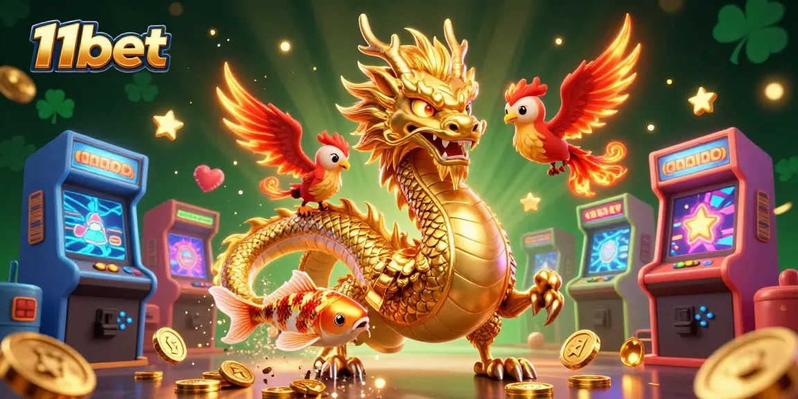 Engage with 11bet's dynamic gambling atmosphere featuring a dragon, phoenix, and koi fish amidst casino elements.