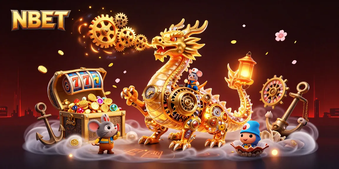 Engage in thrilling NBET gameplay as the golden dragon breathes golden gears among a vibrant casino scene.