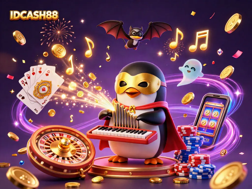 Win exciting prizes at IDCASH88 with a vibrant illustration of a penguin at a casino organ!