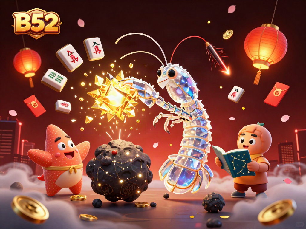 B52 samurai mantis shrimp battles an asteroid, surrounded by casino elements like mahjong tiles and lucky envelopes.