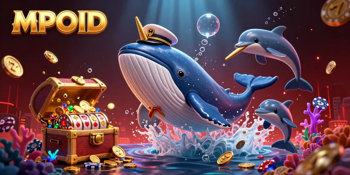 MPOID prominently features a dynamic 3D illustration of a cartoon whale in a captain's coat surrounded by coins and playful dolphins with poker chips, creating an immersive gambling scene.