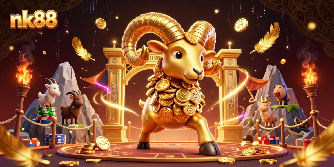 nk88’s vibrant casino showdown featuring a golden ram charging through a dynamic arena.