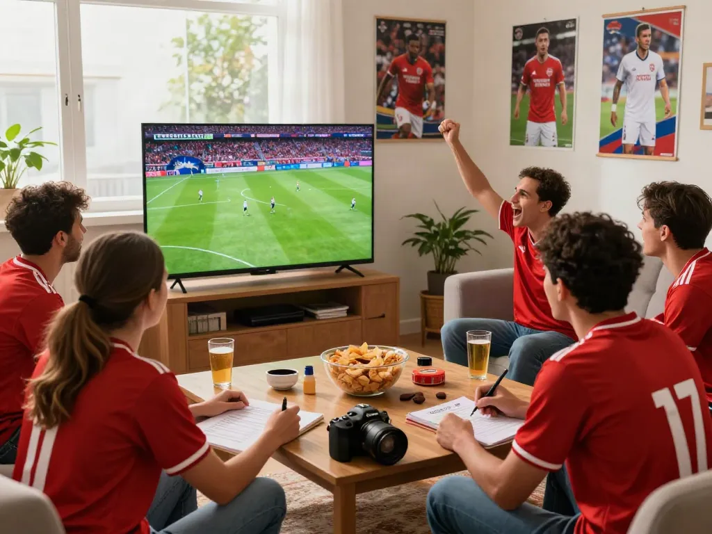 Fans enjoying live soccer at home with snacks and excitement at https://socolivekz.uk.