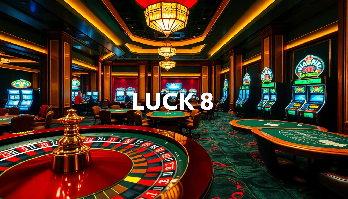 A luxurious casino scene showcasing LUCK 8 with a roulette wheel and engaged players at poker tables, exuding excitement.