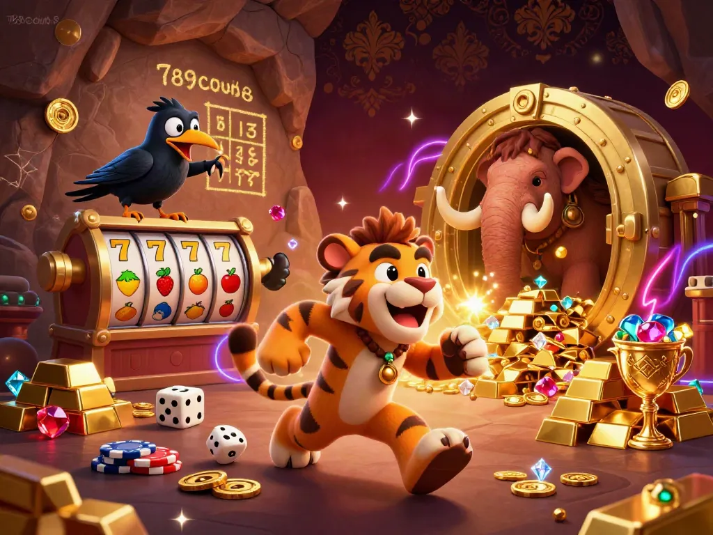 Engage with 789club8 in a vibrant prehistoric casino scene featuring unique elements like stone poker chips and gleaming gems.