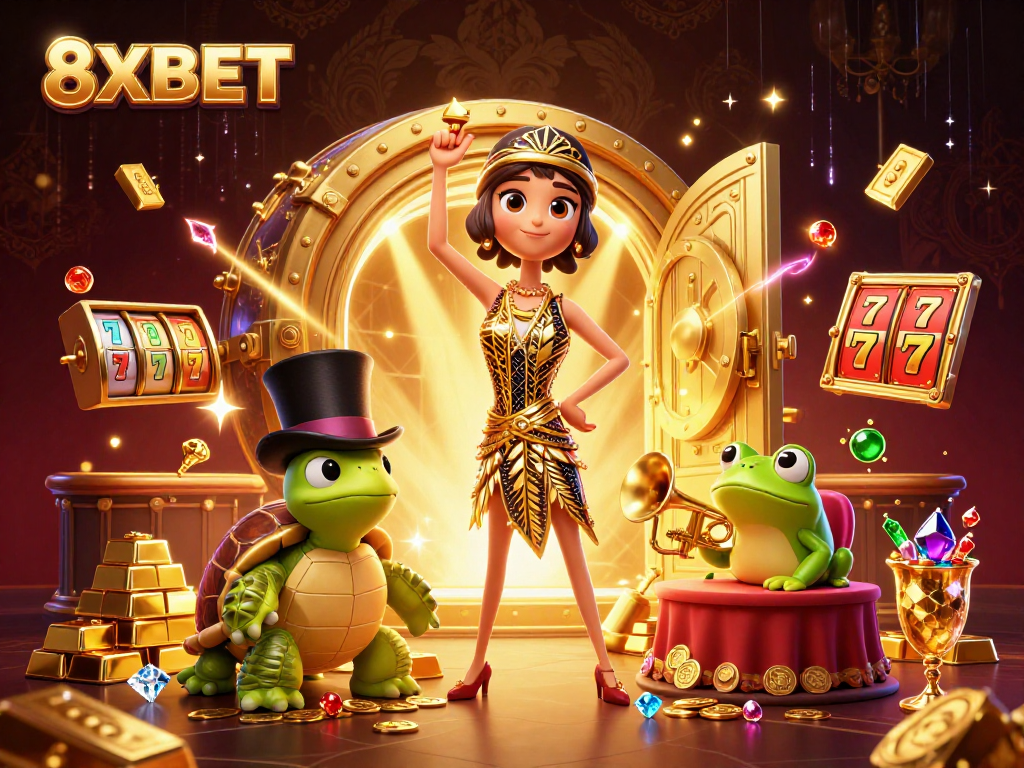 Experience 8XBET excitement with vibrant gaming scenes filled with jackpots and treasures.