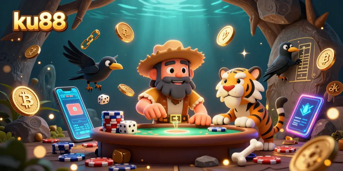 Bet on ku88's prehistoric casino adventure with caveman and tiger in a vibrant 3D scene.