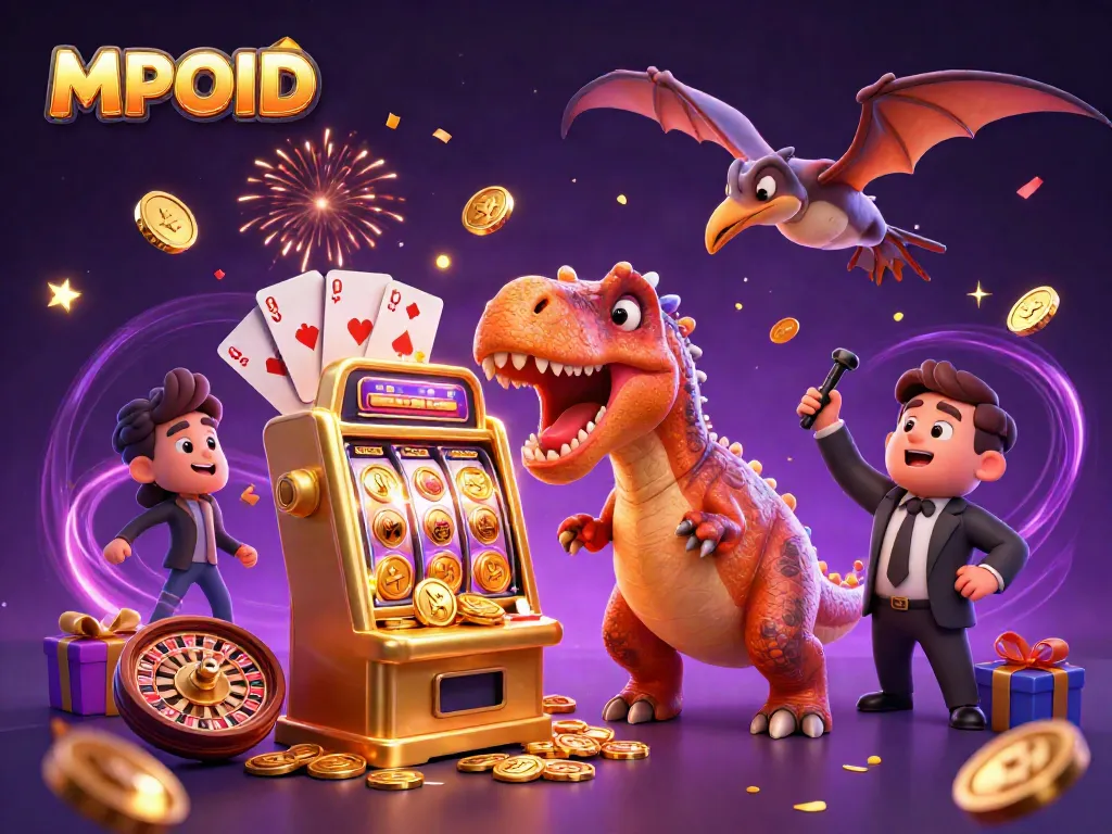 MPOID casino scene depicting a dinosaur headbutting a slot machine while coins fly, showcasing dynamic gaming energy.