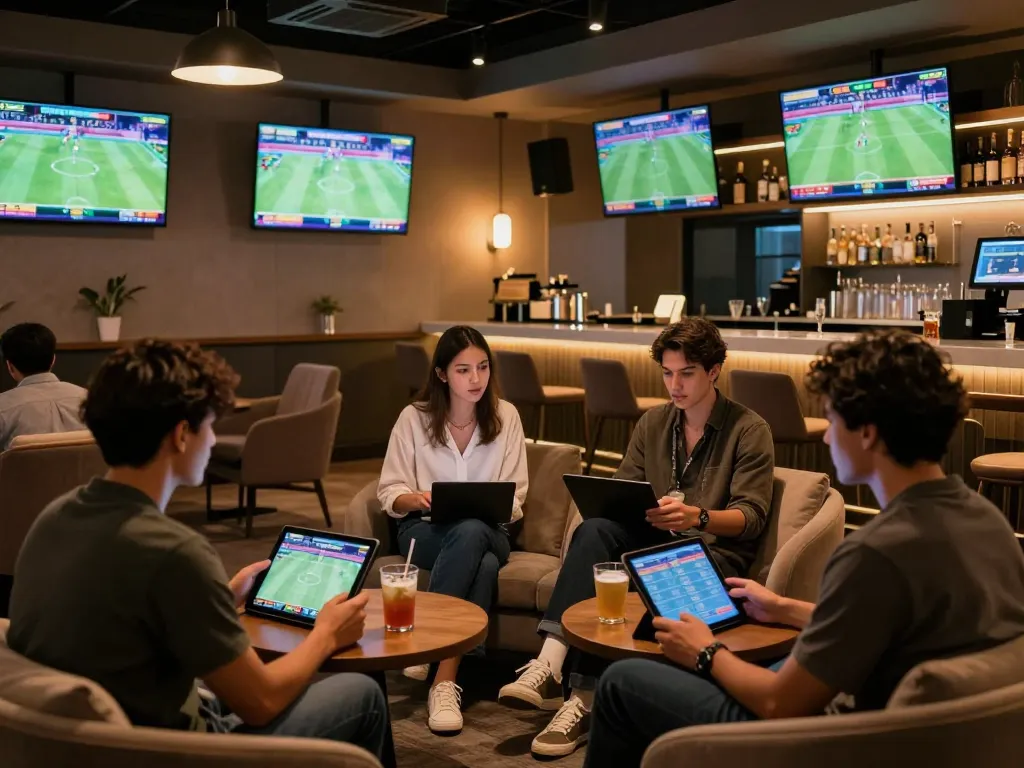 Freecuci365 patrons engaged in sports betting strategies at a modern lounge.
