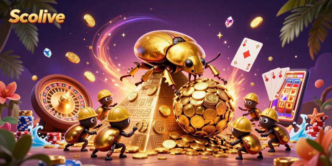 Socolive showcases a vibrant 3D illustration of a golden beetle rolling coins, enhanced with casino elements.