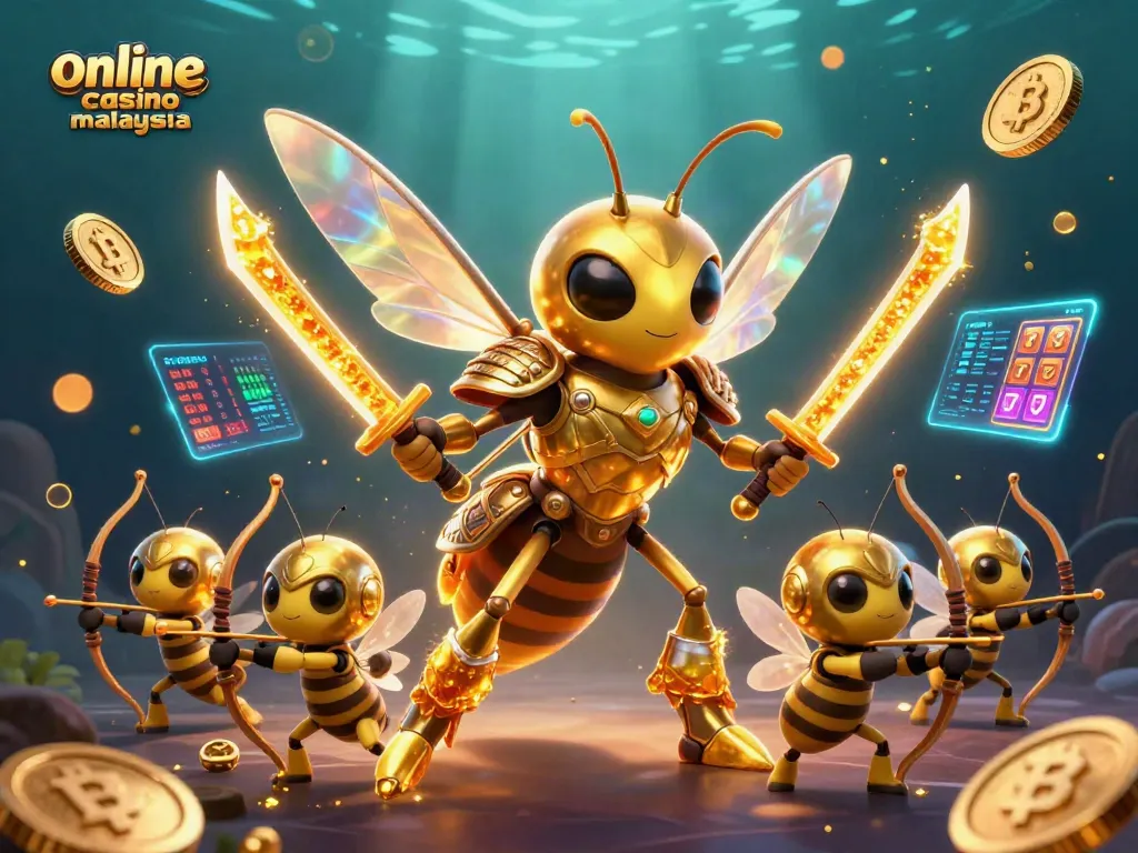 Experience thrilling adventures at online casino malaysia with a dynamic 3D illustration featuring samurai hornets and crypto elements.