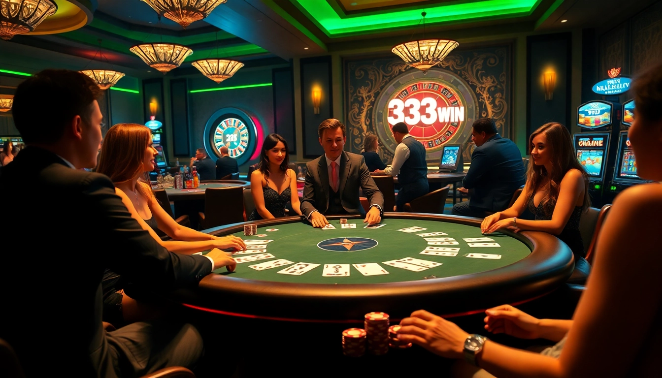 Experience excitement at the 33WIN poker table with elite players and luxury casino decor.