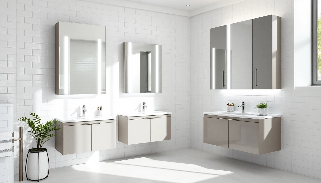 Explore illuminated bathroom cabinets with sleek designs and efficient LED lighting in a modern setup.