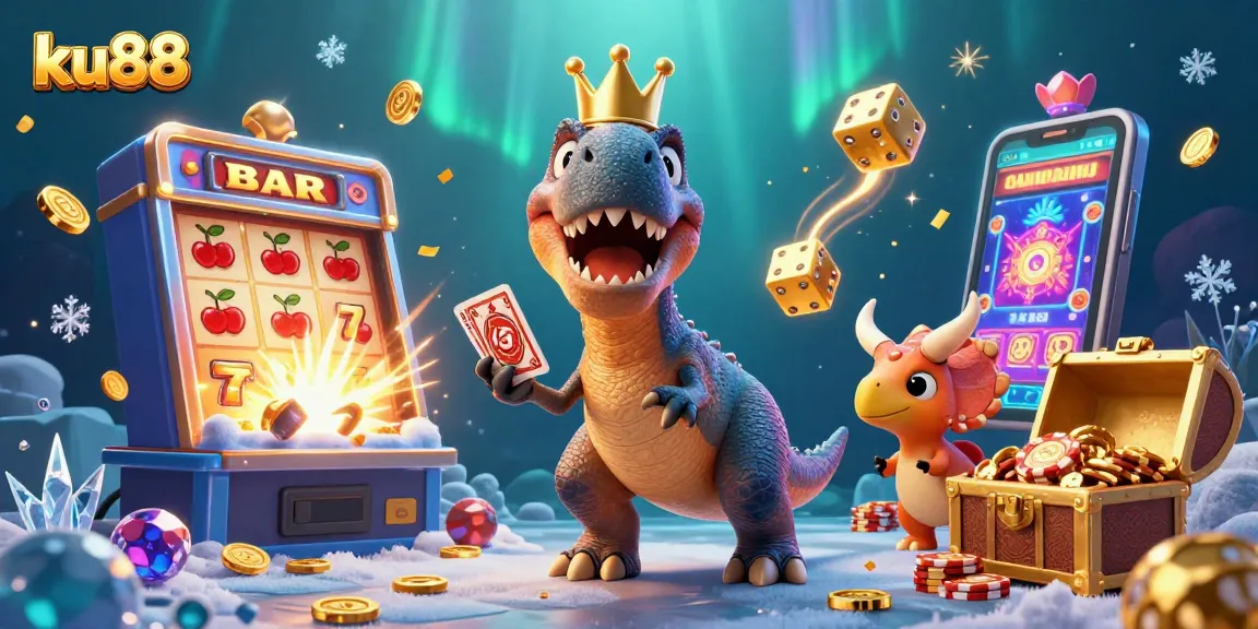 Experience thrilling gameplay at ku88 as a friendly T-Rex, pterodactyl, and triceratops engage in a dynamic casino scene.