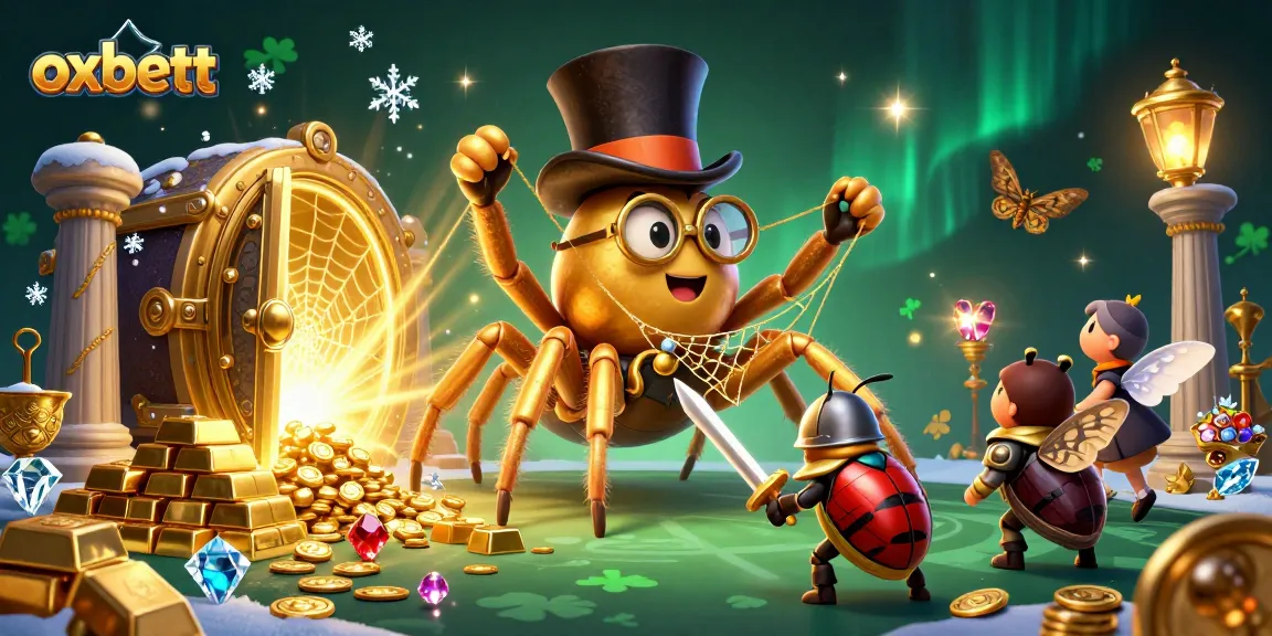 Experience thrilling gameplay at oxbett with a golden tarantula weaving luck amidst casino treasure.