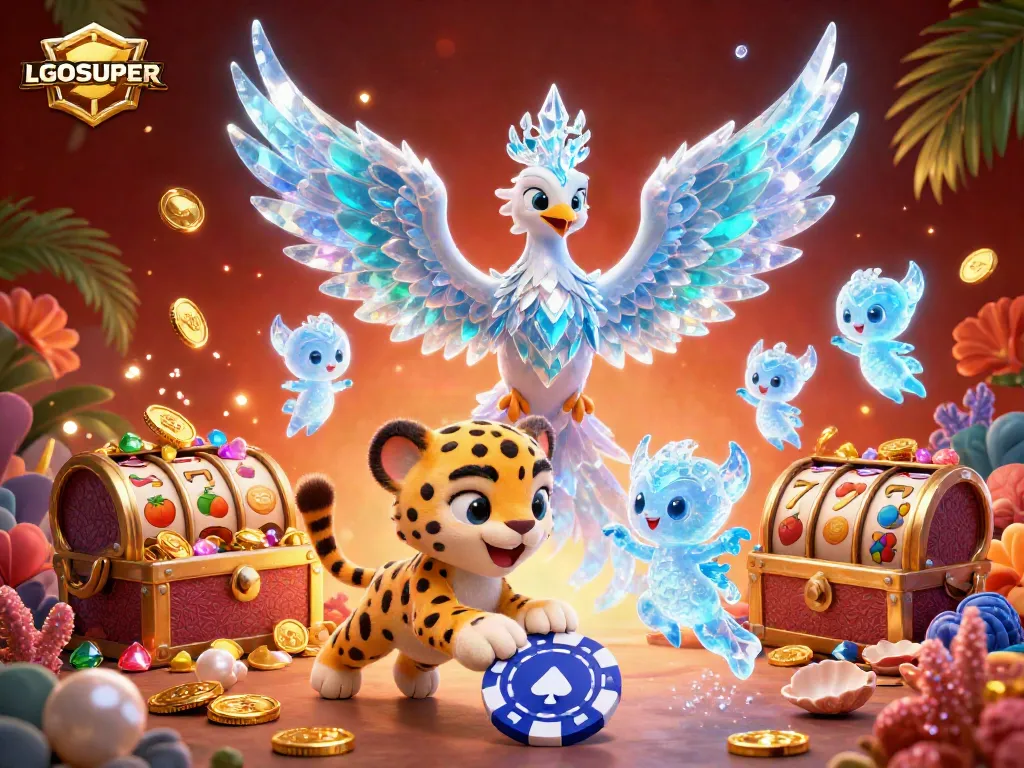 Experience the excitement of LGOSUPER as the ice phoenix and snow leopard revel in a vibrant casino scene filled with treasures.