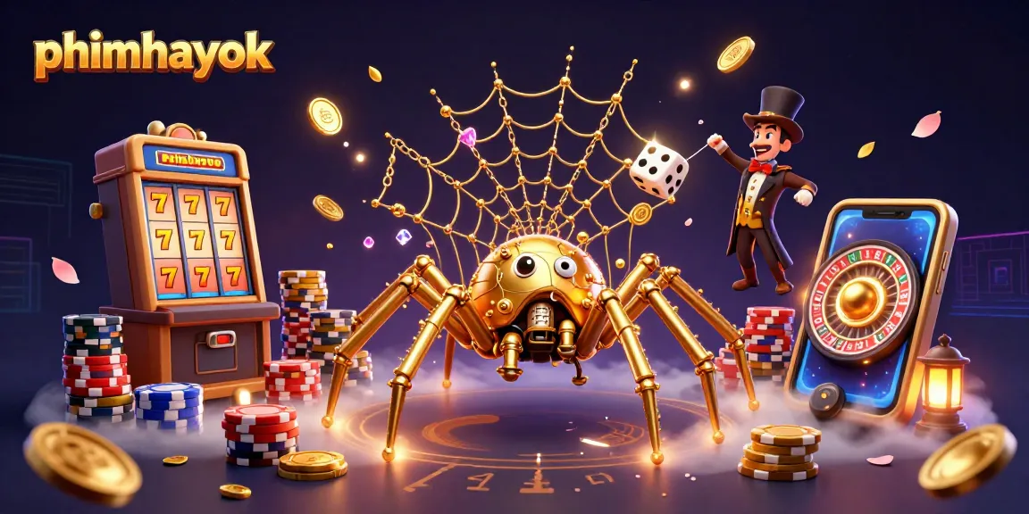 phimhayok offers a vibrant scene of a steampunk spider amidst dynamic slot machine animations and classic casino elements.